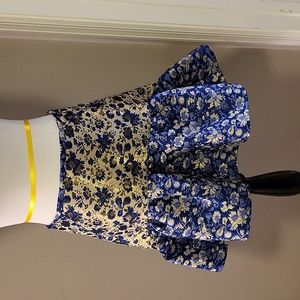 EUC ASOS blue and gold floral mini skirt with ruffle size 6